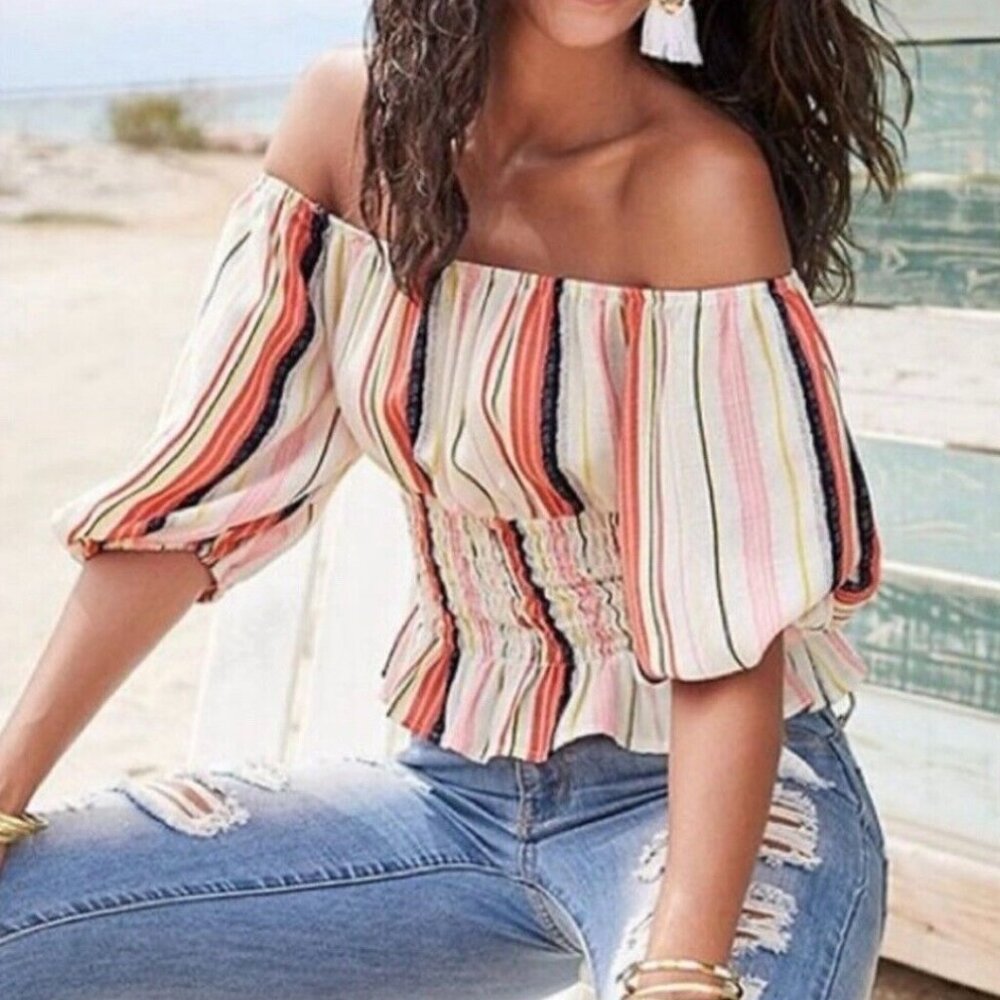 Venus Multi-Colored Vertical Stripes Smocked Top | Size: Small